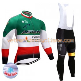 Tenue Cycliste Manches Longues et Collant à Bretelles Femme 2017 Astana Pro Team Hiver Thermal Fleece N004