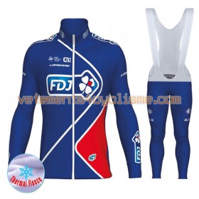 Tenue Cycliste Manches Longues et Collant à Bretelles Femme 2017 FDJ Hiver Thermal Fleece N002
