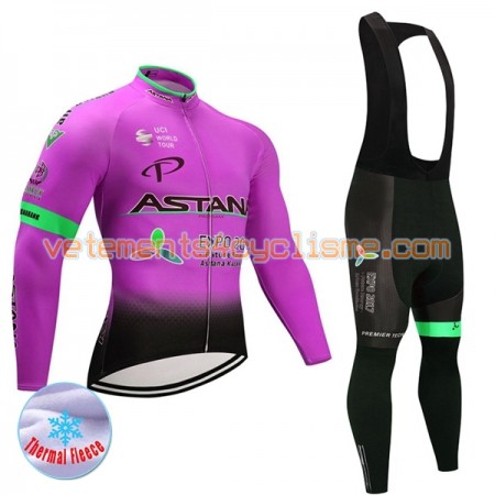 Tenue Cycliste Manches Longues et Collant à Bretelles 2017 Astana Pro Team Hiver Thermal Fleece N003